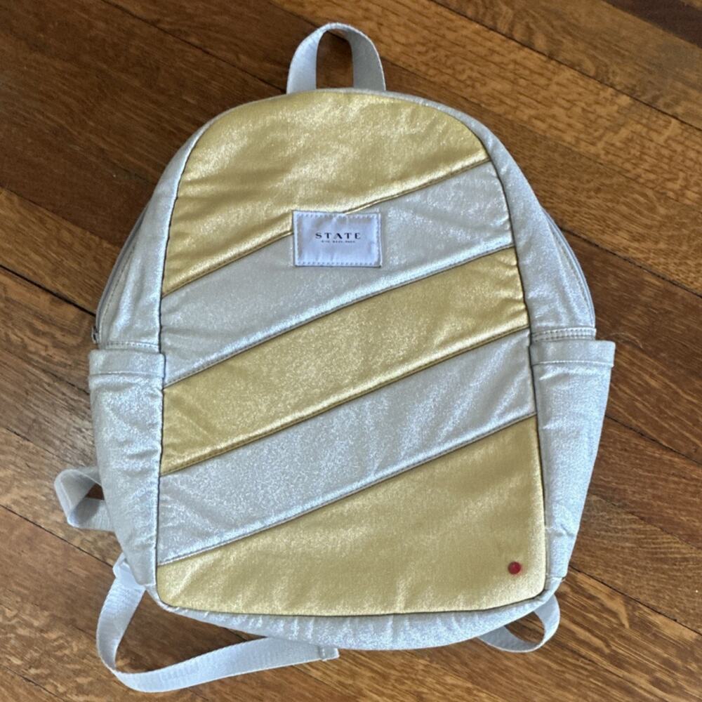 STATE Kids Backpack Gold Silver Colorblock Fabric Adjustable Strap Pockets